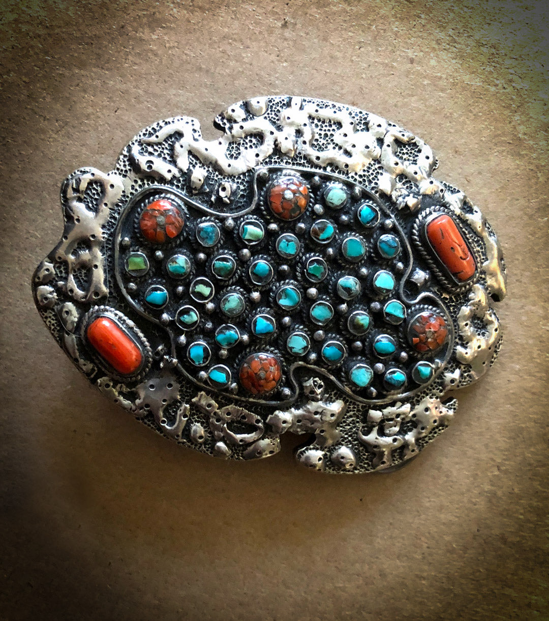 Navajo Belt Buckle in 925 Silver with Turquiose Cluster & Coral